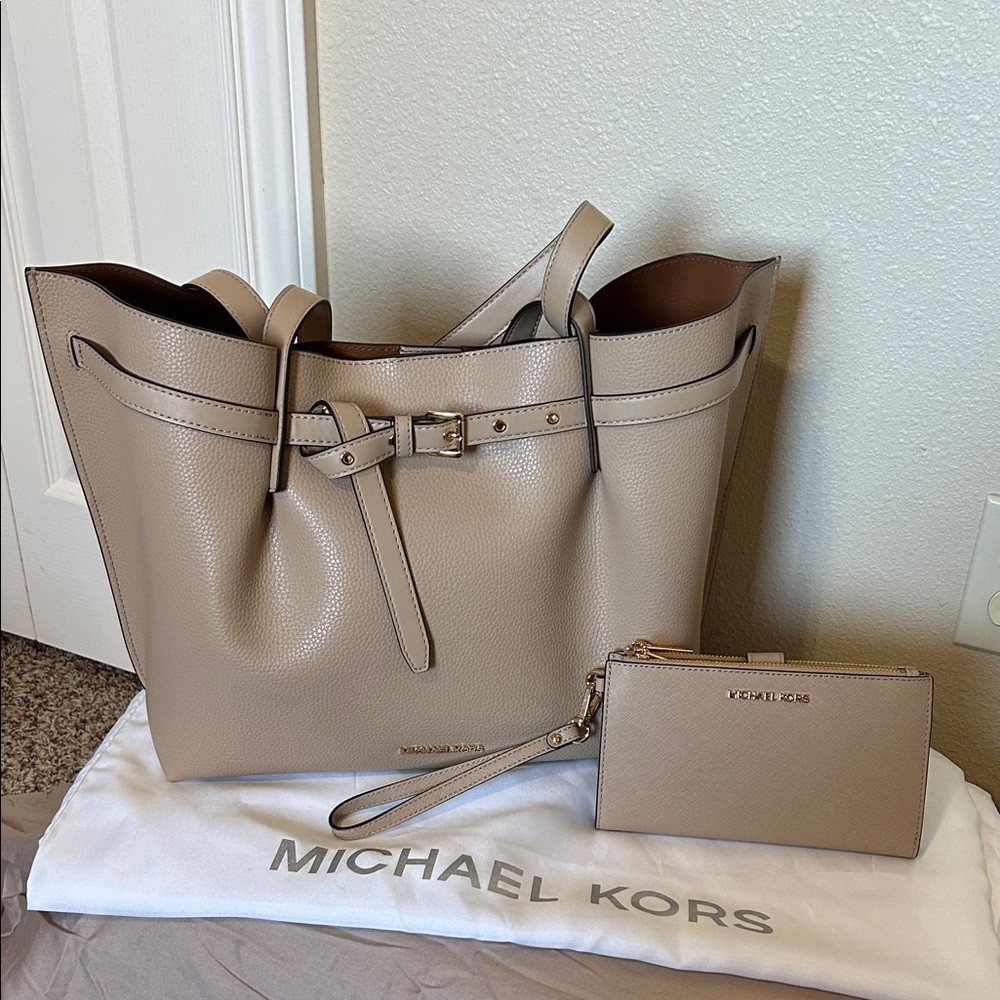 Michael Kors Beige/Taupe Leather Tote with Wristlet